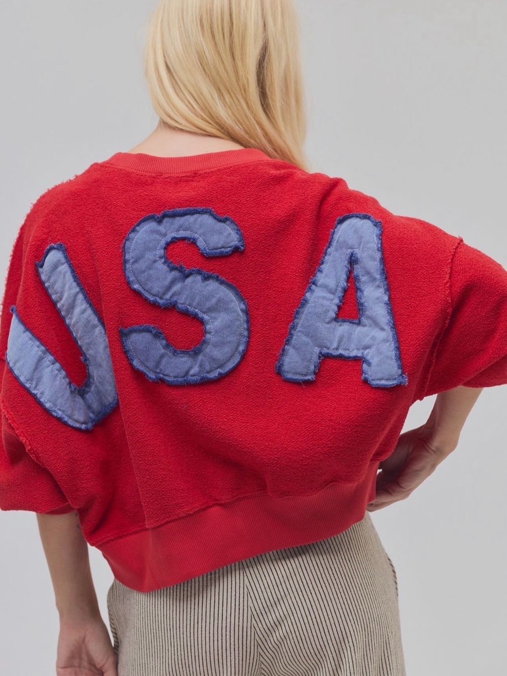 Free People Tricia Fix USA Crewneck Sweatshirt Cropped Applique Red Combo